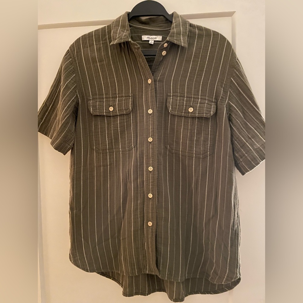 Madewell Women’s Olive Green/White stripe cotton button down.Excellent condition